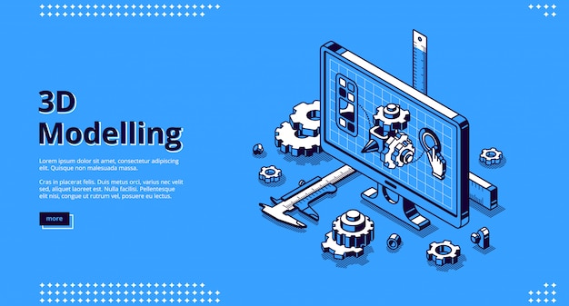 Pagina di destinazione isometrica modellistica 3d. progetto del modello dell'ingegnere di cad sullo schermo del desktop del computer con i rifornimenti di costruzione intorno. programma software per pc, progetto tecnico, banner web line art