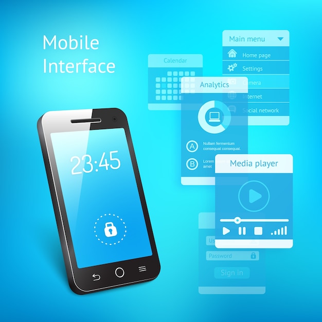 Free vector 3d  of a modern smartphone or mobile phone with a blue screen showing the time