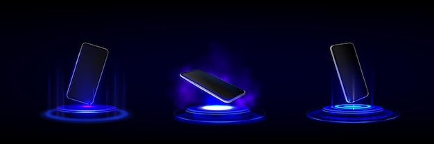 Бесплатное векторное изображение 3d неоновый свет футуристический подиум для мобильного телефона технология лазерного эффекта макет пьедестала для продукта шаблон победителя экрана смартфона на сцене киберсвечения с паром на фоне научной студии