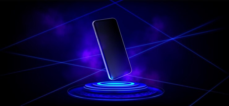 Free Vector 3d neon light futuristic podium for mobile phone laser effect technology pedestal mockup for product smartphone screen winner template on cyber glow stage with steam in scifi studio background