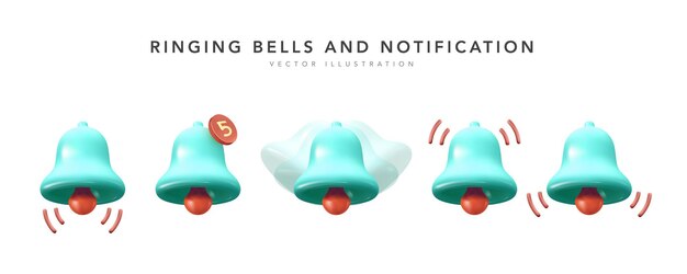 3d notification bell icon set isolated on white. Render ringing bell with new notification for social media reminder.