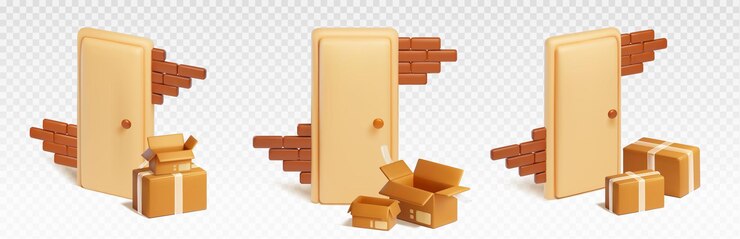 Free Vector 3d open parcel box delivery to door vector concept courier service isolated icon with shipping cargo order carton product package shipment from store to flat contactless online shopping on website