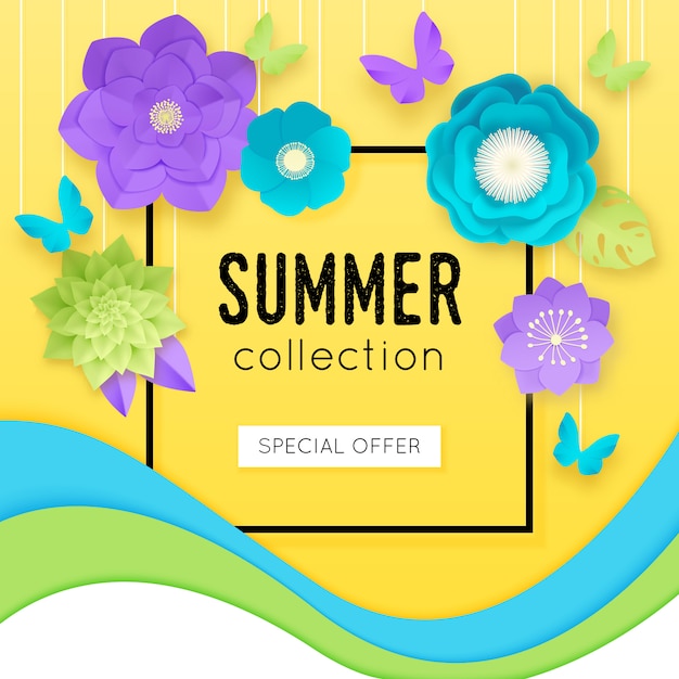 Free vector 3d paper flowers poster with summer collection special offer headline at the center vector illustration