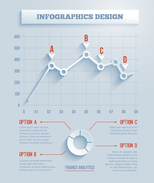 3d紙のインフォグラフィック、長い影のあるチャート。ベクトルイラスト