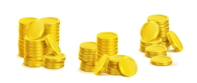Бесплатное векторное изображение Тримерные кучи золотых монет на белом фоне