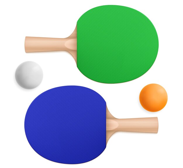 3D 탁구 공 및 파란색과 녹색 스포츠 패들, 상단 및 하단보기에 나무 손잡이