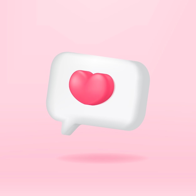 Vettore gratuito icona di notifica dei social media con simbolo del cuore rosa 3d isolata su fumetto bianco.