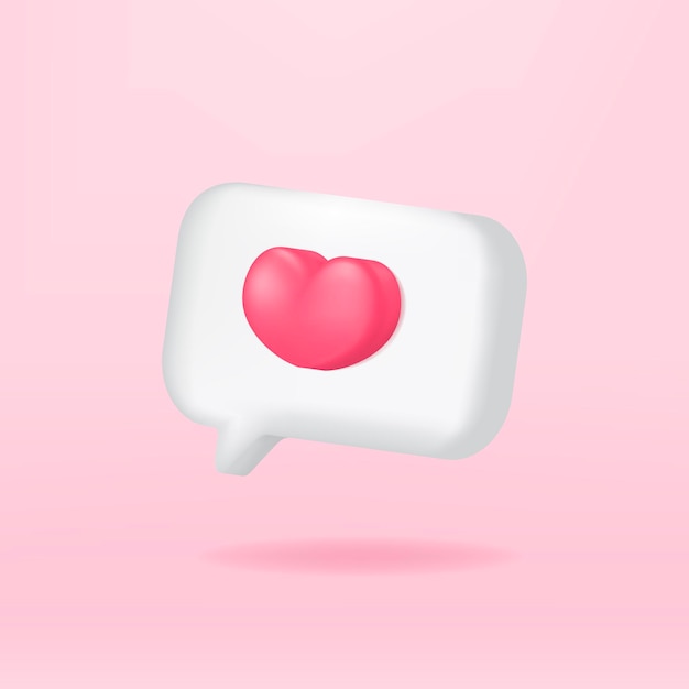 3Dピンクのハートのシンボルソーシャルメディア通知アイコンが白い泡のスピーチに分離されました。