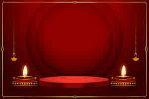Free vector 3d podium and diya design on red background for diwali celebration