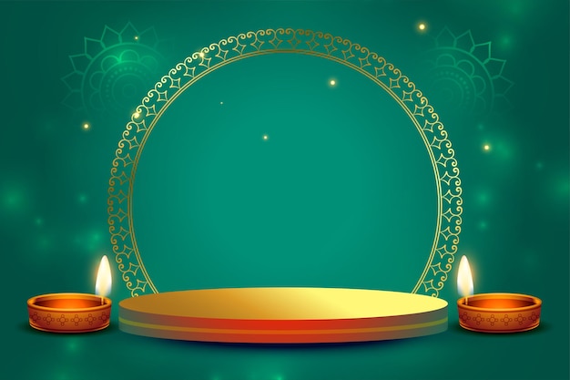Free vector 3d podium and diya design on shiny background for festival of lights