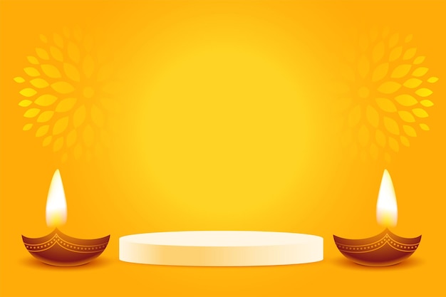 3d podium and diya design on yellow background for diwali festival