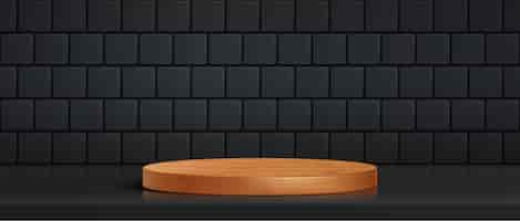 無料ベクター 3d ディスプレイ: 壁の背景に商品を展示するテーブルと黒いタイルの上の空の円木製のプラットフォーム浴室のベクトルで木製のベースを持つ近代的なテンプレート現実的なイラスト