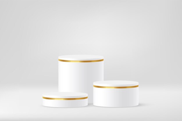 3d podium platform cylinders with gold line border on edge Realistic white pedestal stage mockup of round geometric shape winner stand or product gallery presentation background