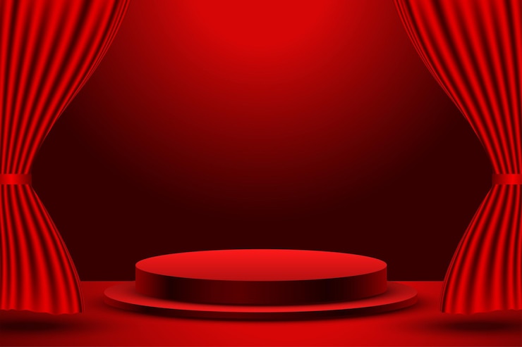 Free Vector 3d podium platform for product display with red cinema curtain