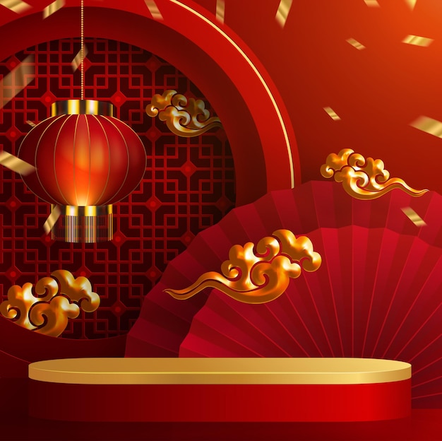 3d podium round, square box stage podium and paper art chinese new year,chinese festivals, mid autumn festival, red paper cut, fan, flower and asian elements with craft style on background.