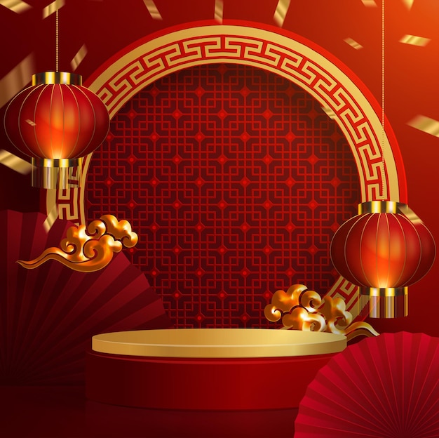 3d podium round, square box stage podium and paper art chinese new year,chinese festivals, mid autumn festival, red paper cut, fan, flower and asian elements with craft style on background.