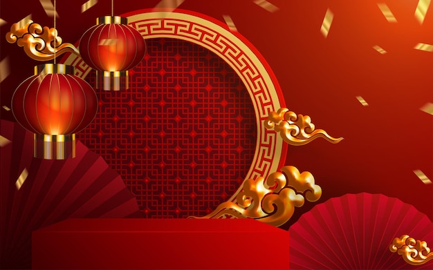 3d podium round, square box stage podium and paper art chinese new year,chinese festivals, mid autumn festival, red paper cut, fan, flower and asian elements with craft style on background.