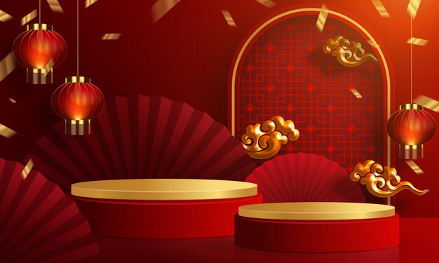 3d podium round, square box stage podium and paper art chinese new year,chinese festivals, mid autumn festival, red paper cut, fan, flower and asian elements with craft style on background.