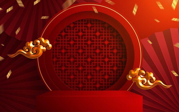 3d podium round, square box stage podium and paper art chinese new year,chinese festivals, mid autumn festival, red paper cut, fan, flower and asian elements with craft style on background.