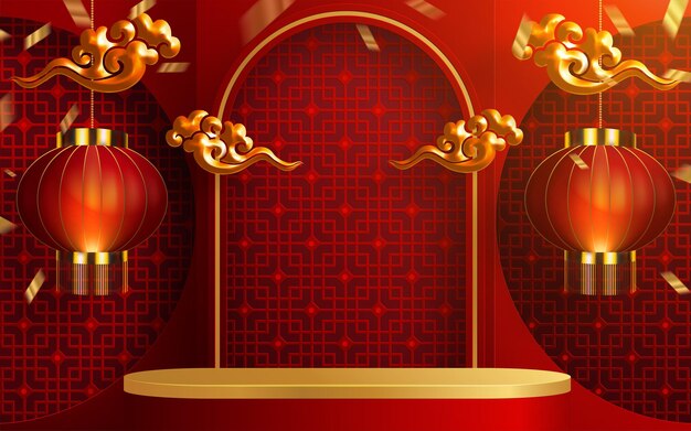 3d podium round, square box stage podium and paper art chinese new year,chinese festivals, mid autumn festival, red paper cut, fan, flower and asian elements with craft style on background.