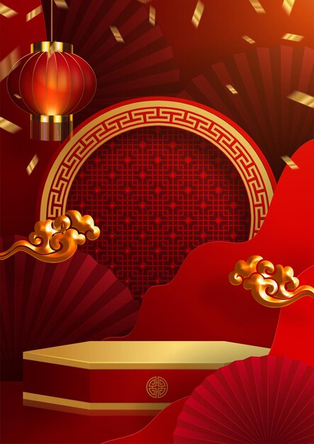 3d podium round, square box stage podium and paper art chinese new year,chinese festivals, mid autumn festival, red paper cut, fan, flower and asian elements with craft style on background.
