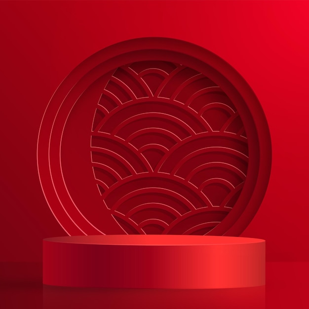 3d podium round stage chinese style, for chinese new year and festivals or mid autumn festival with red paper cut art and craft on color background with asian elements Premium Vector