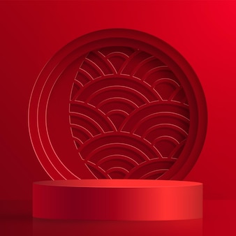 3d podium round stage chinese style, for chinese new year and festivals or mid autumn festival with red paper cut art and craft on color background with asian elements Premium Vector