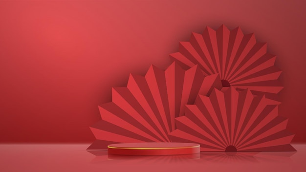 3d podium round of vector, circle box stage podium and paper art chinese new year, chinese festivals, red paper cut, fan of asian elements with craft style on background.