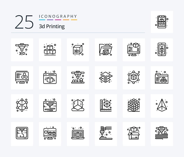 Stampa 3d pacchetto di icone da 25 linee che include l'anteprima 3d della cartella mobile dello smartphone