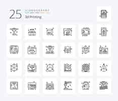 Free vector 3d printing 25 line icon pack including smartphone mobile folder 3d preview