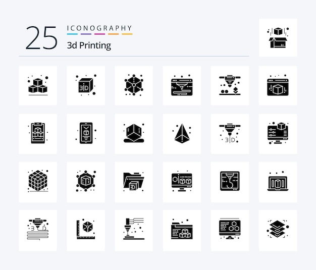 3D-печать 25 наборов иконок Solid Glyph, включая лазерное спекание куба буфера обмена webd box