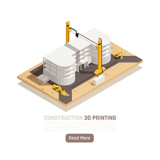 3d printing of many storeyed building process isometric illustration