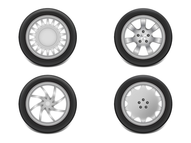 Free vector 3d realistic black tires in side view, shining steel and rubber wheel for car, automobile