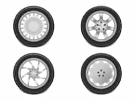 Free vector 3d realistic black tires in side view, shining steel and rubber wheel for car, automobile