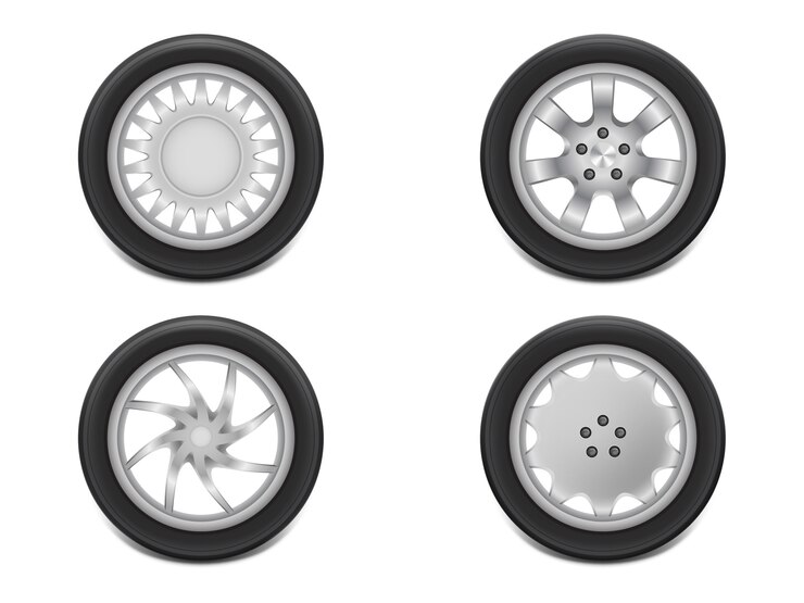 Free Vector 3d realistic black tires in side view, shining steel and rubber wheel for car, automobile