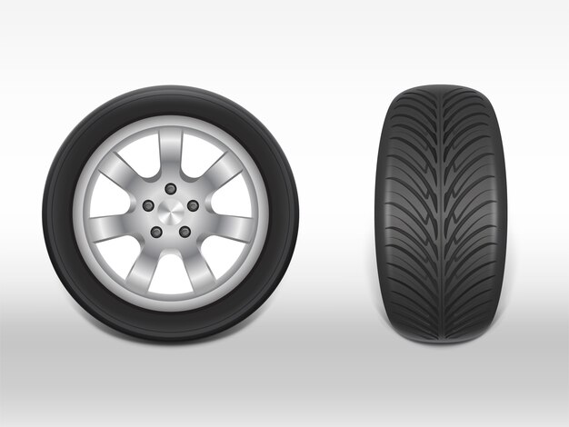 3d realistic black tyre in side and front view, shining steel and rubber wheel for car