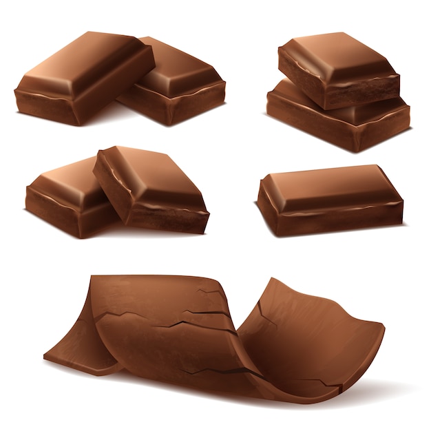 Vettore gratuito pezzi di cioccolato realistico 3d. brown deliziose barrette e scaglie di cioccolato f