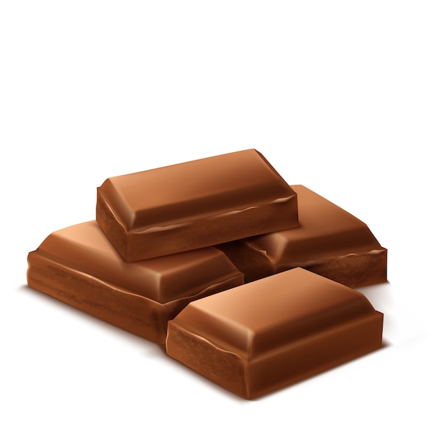  3d realistic chocolate pieces. Brown delicious bars for packaging mock up, package template