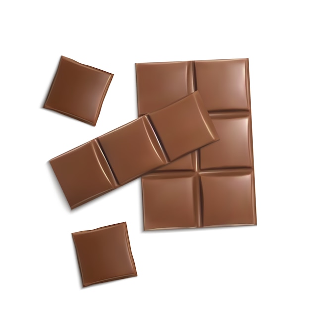 Vettore gratuito pezzi di cioccolato realistico 3d. barrette deliziose marroni per il confezionamento di mock up, modello di pacchetto
