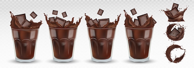 3d realistic chocolate splash in the transparent glass with pieces chocolate. big collection cocoa or coffee. splashing dark chocolate. hot chocolate, drink, cocktail. icon set. illustration