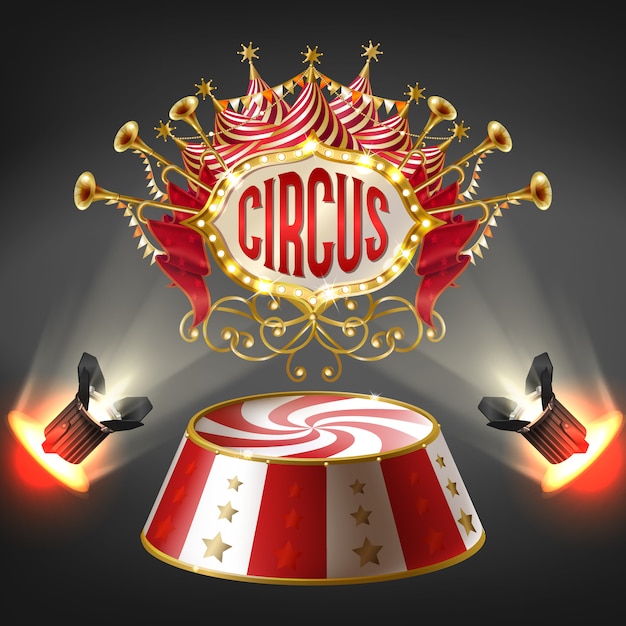 3d realistic circus stage in bright rays of spotlights. label with bulbs frame