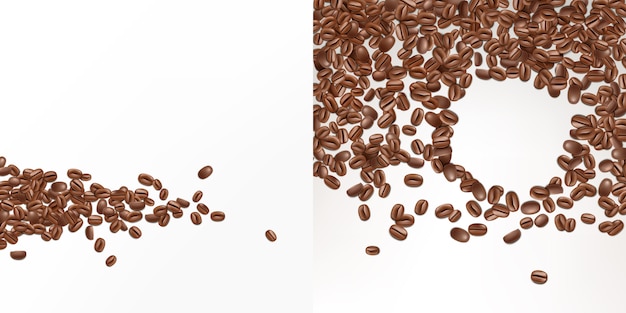 Vettore gratuito semi realistici del caffè 3d isolati su fondo bianco. vista dall'alto di fagioli freschi arabica.