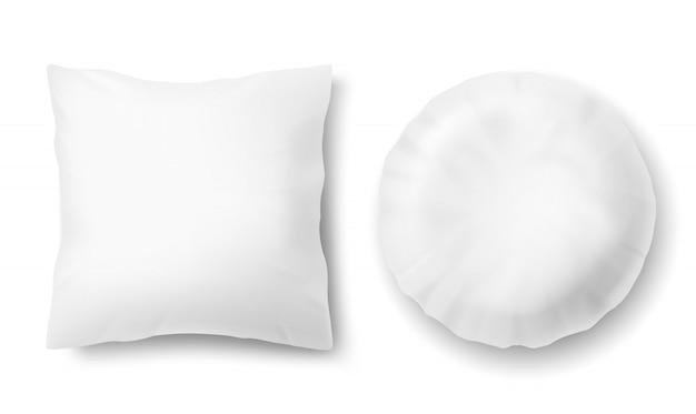 3d realistic comfortable pillows - square, round, mock up of white fluffy cushion