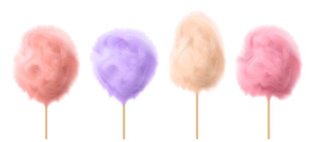 3d realistic cotton candy on wooden sticks. Delicious summer food, traditional carnival 