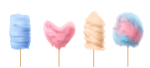 3d realistic cotton candy on wooden sticks with different shapes - heart, tower, cloud. 