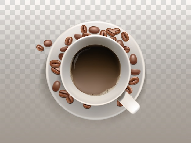 3d realistic cup of coffee on the saucer with beans isolated on translucent background.