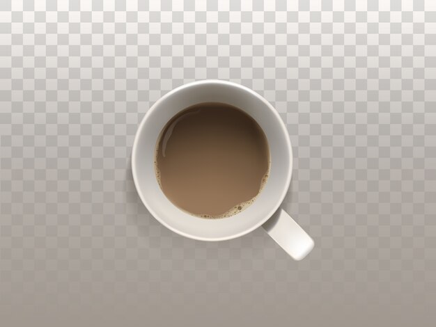 Бесплатное векторное изображение 3d реалистичные чашку кофе, вид сверху, изолированных на полупрозрачный фон.