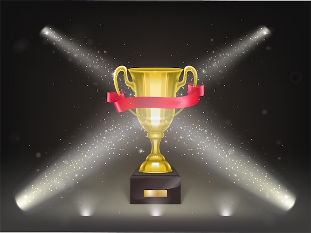 Free vector 3d realistic cup on pedestal with red ribbon on stage. golden trophy on scene