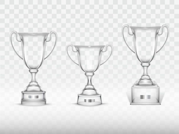 3d realistic cup, transparent glass trophy for winner of competition, championship.