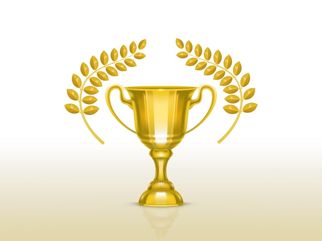 Free vector 3d realistic cup with olive branches, golden trophy for winner of competition